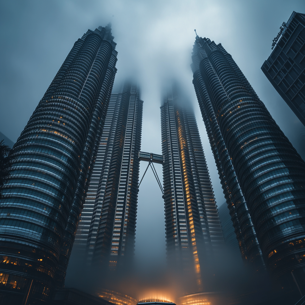 a landscape of picture of Petronas win towers in Kuala Lumpur  ,Sony α7 III camera with a 85mm lens at F 1.2 aperture setting to blur the background and isolate the subject. The image should be shot in high resolution and in a 1:1 aspect ratio with photorealism mode on to create an ultra-realistic image that captures the landscape's natural beauty and personality