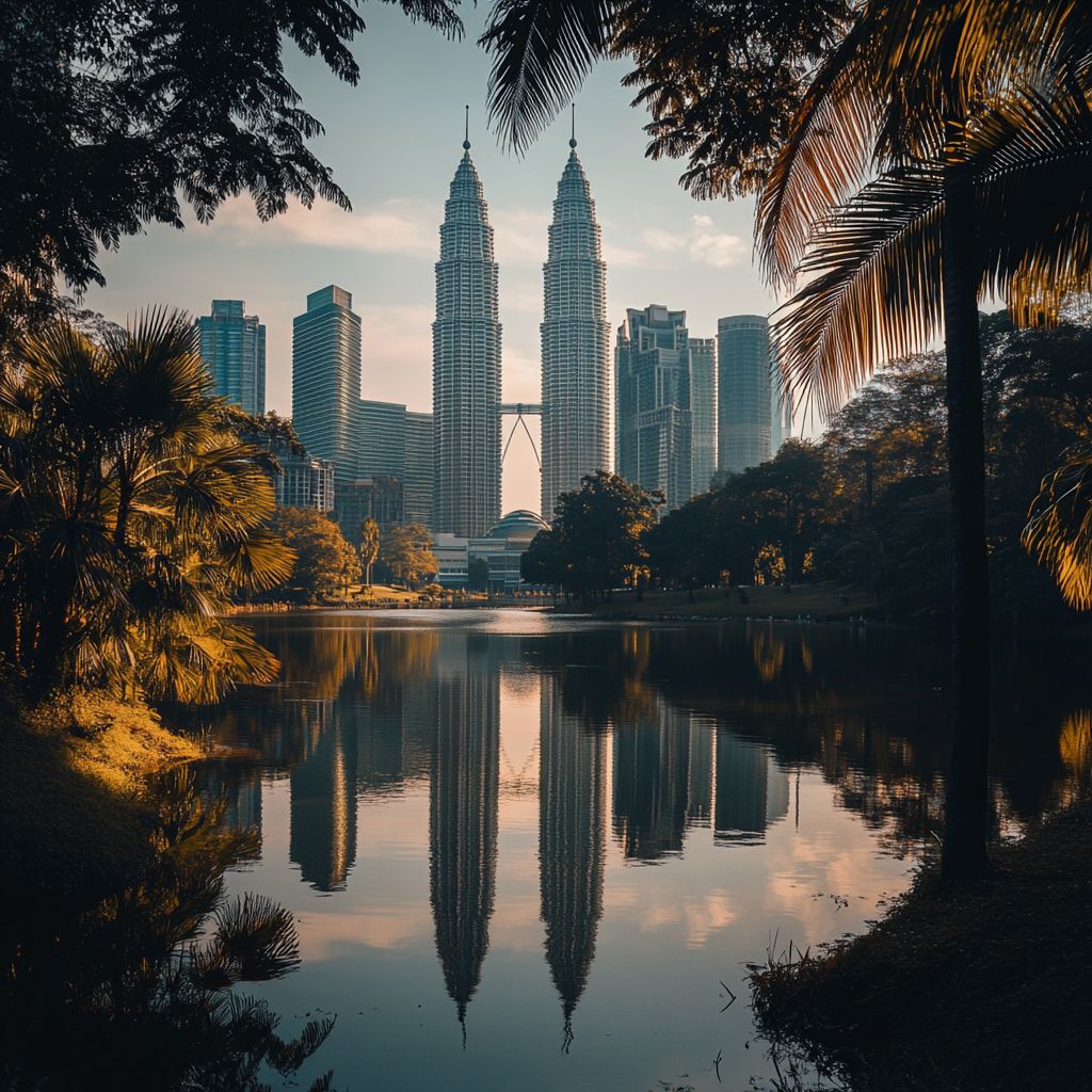 a landscape of picture of Petronas win towers in Kuala Lumpur  ,Sony α7 III camera with a 85mm lens at F 1.2 aperture setting to blur the background and isolate the subject. The image should be shot in high resolution and in a 1:1 aspect ratio with photorealism mode on to create an ultra-realistic image that captures the landscape's natural beauty and personality