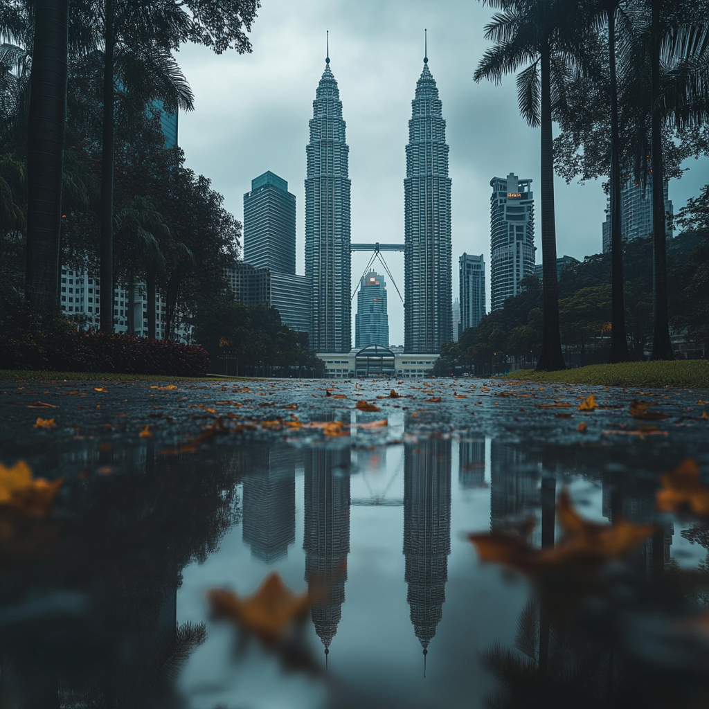 a landscape of picture of Petronas win towers in Kuala Lumpur  ,Sony α7 III camera with a 85mm lens at F 1.2 aperture setting to blur the background and isolate the subject. The image should be shot in high resolution and in a 1:1 aspect ratio with photorealism mode on to create an ultra-realistic image that captures the landscape's natural beauty and personality