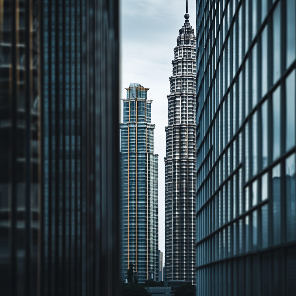 a landscape of picture of Petronas win towers in Kuala Lumpur  ,Sony α7 III camera with a 85mm lens at F 1.2 aperture setting to blur the background and isolate the subject. The image should be shot in high resolution and in a 1:1 aspect ratio with photorealism mode on to create an ultra-realistic image that captures the landscape's natural beauty and personality