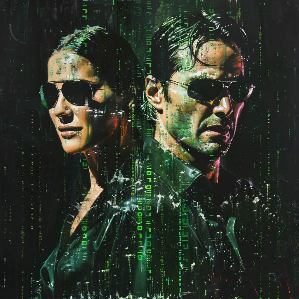 double exposure, matrix code streams flowing in deep green over Carrie-Anne Moss and Keanu Reeves donning their iconic Matrix attire, cascades of binary raining down against a stark black backdrop, interspersed with flashes of red to signify a festive atmosphere, the entire composition echoing the stylized brushwork of Andre Kohn, capturing the essence of the matrix's cyberpunk aesthetic, artificial intelligence detail, ultra-high resolution, holiday-themed digital painting, deep-matrix-colors, masterpiece poster