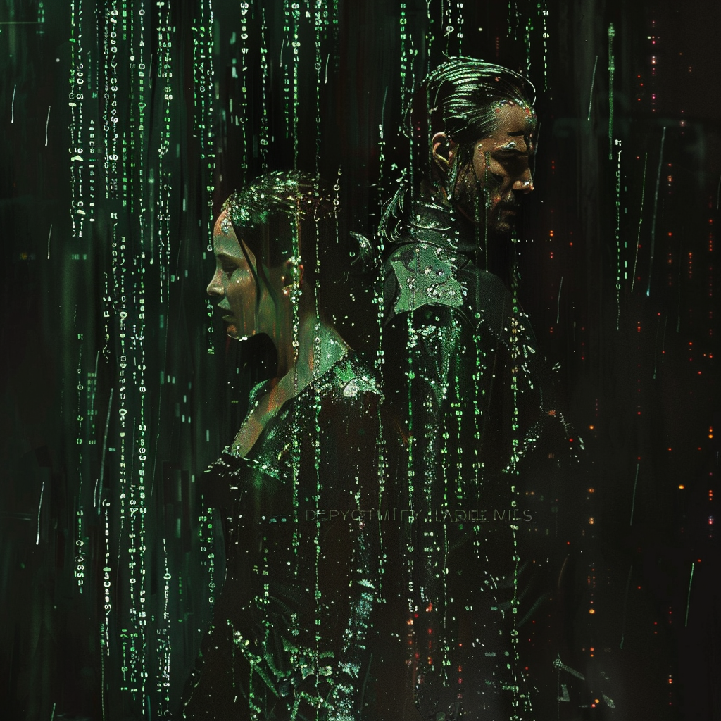 double exposure, matrix code streams flowing in deep green over Carrie-Anne Moss and Keanu Reeves donning their iconic Matrix attire, cascades of binary raining down against a stark black backdrop, interspersed with flashes of red to signify a festive atmosphere, the entire composition echoing the stylized brushwork of Andre Kohn, capturing the essence of the matrix's cyberpunk aesthetic, artificial intelligence detail, ultra-high resolution, holiday-themed digital painting, deep-matrix-colors, masterpiece poster