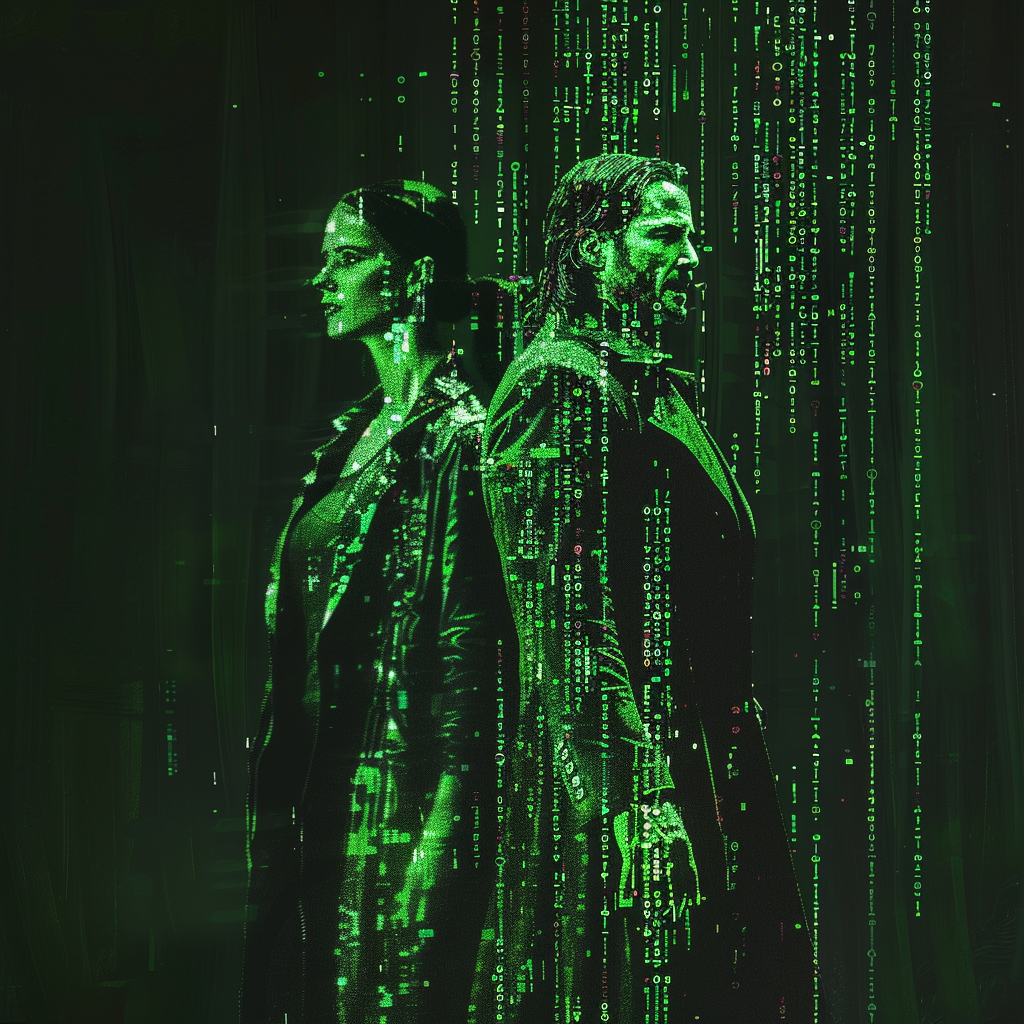 double exposure, matrix code streams flowing in deep green over Carrie-Anne Moss and Keanu Reeves donning their iconic Matrix attire, cascades of binary raining down against a stark black backdrop, interspersed with flashes of red to signify a festive atmosphere, the entire composition echoing the stylized brushwork of Andre Kohn, capturing the essence of the matrix's cyberpunk aesthetic, artificial intelligence detail, ultra-high resolution, holiday-themed digital painting, deep-matrix-colors, masterpiece poster