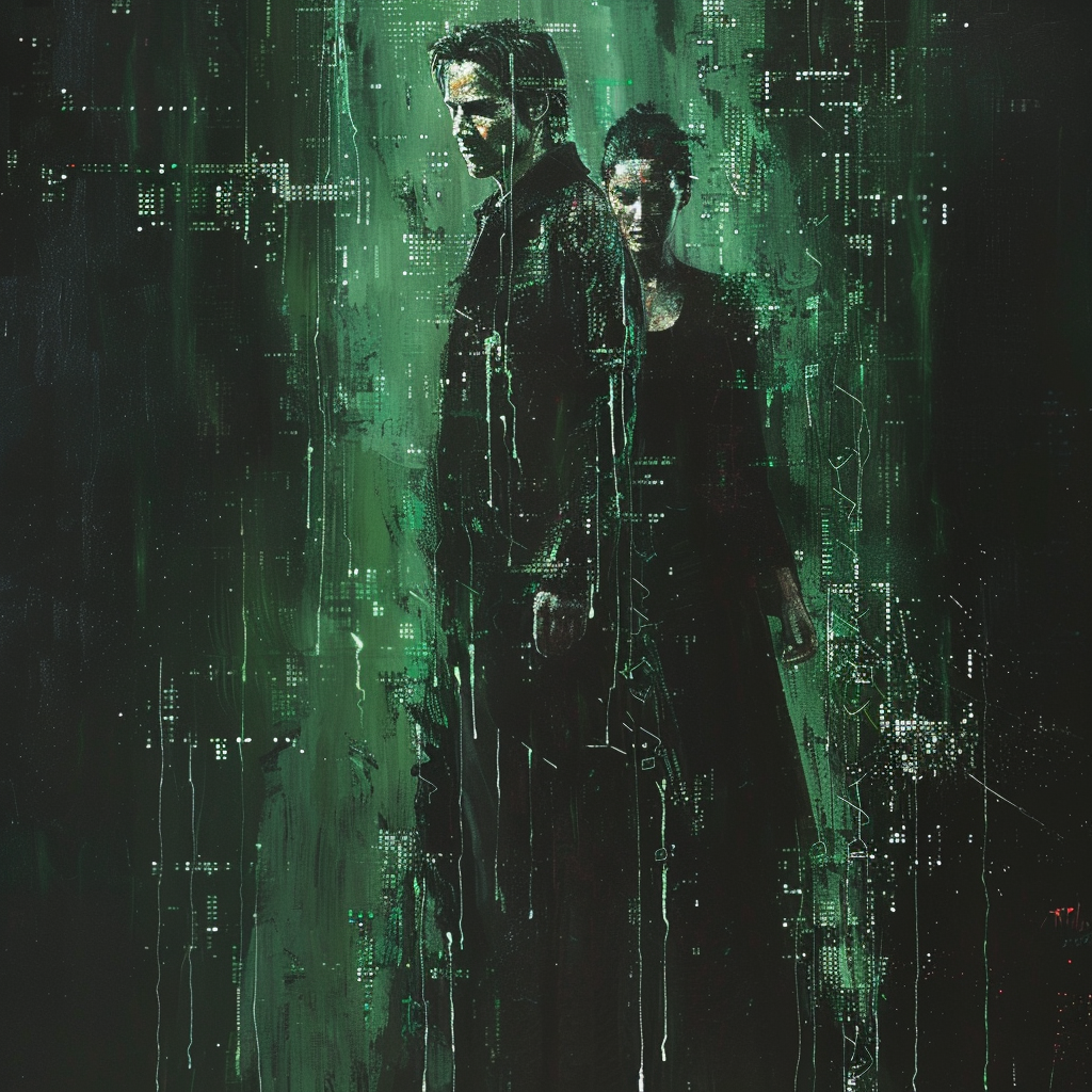 double exposure, matrix code streams flowing in deep green over Carrie-Anne Moss and Keanu Reeves donning their iconic Matrix attire, cascades of binary raining down against a stark black backdrop, interspersed with flashes of red to signify a festive atmosphere, the entire composition echoing the stylized brushwork of Andre Kohn, capturing the essence of the matrix's cyberpunk aesthetic, artificial intelligence detail, ultra-high resolution, holiday-themed digital painting, deep-matrix-colors, masterpiece poster