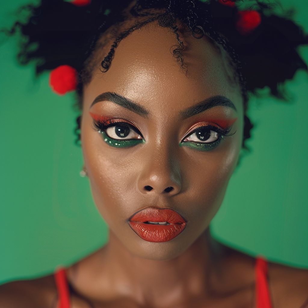 Shot using Hasselblad H6D400c of exotic juicy no smile. The background is bright Hunter Green, creating a striking contrast that highlights Glamour centerfold look. Hip Hop Exotic Nigerian pin up models with ((1988's Hip Hop style)). Model poses in front of camera with circus clown makeup serious look. ((Light hazel eyes)). Contrast portrait and fine detail with high motion. Studio lighting. ((Print Ad)) | Billboard| Magazine. HD. 8K. Cinematic. Movie scene. Centered shot. Supermodel face. Full-body to head. dynamic scene. Front view. Motion Blur. --ar 2:3 --v 6