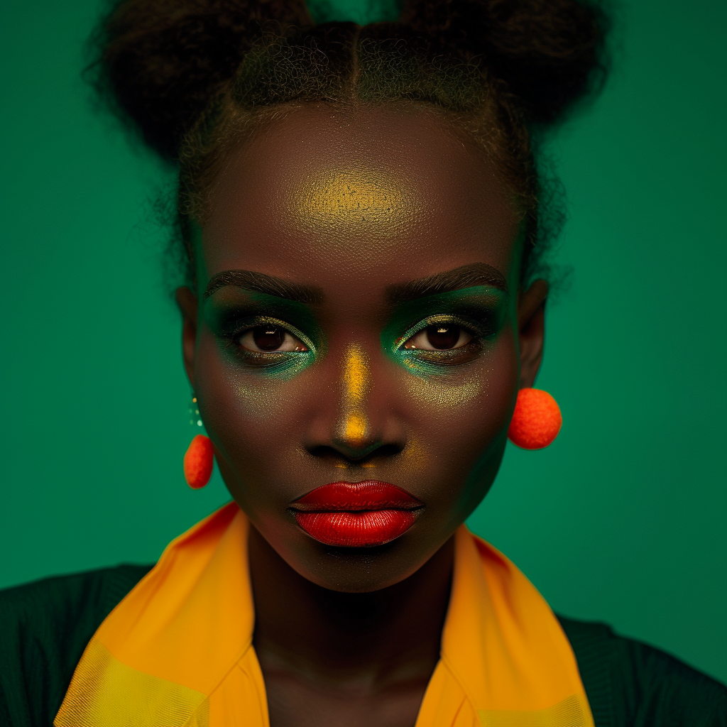 Shot using Hasselblad H6D400c of exotic juicy no smile. The background is bright Hunter Green, creating a striking contrast that highlights Glamour centerfold look. Hip Hop Exotic Nigerian pin up models with ((1988's Hip Hop style)). Model poses in front of camera with circus clown makeup serious look. ((Light hazel eyes)). Contrast portrait and fine detail with high motion. Studio lighting. ((Print Ad)) | Billboard| Magazine. HD. 8K. Cinematic. Movie scene. Centered shot. Supermodel face. Full-body to head. dynamic scene. Front view. Motion Blur. --ar 2:3 --v 6