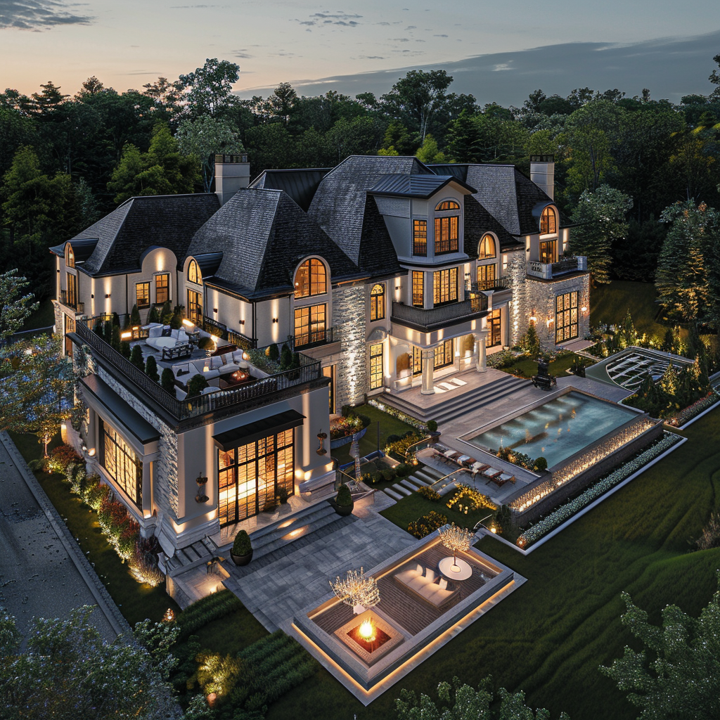 Aerial view of a luxury mansion in a flower gallery, with a wide angle shot and the lights on, surrounded by a lawn and trees. The mansion has a pool with a fire pit, white stone walls, and high end interior design. It has a black roof and grey shingle cladding. The view was taken with evening light and used high resolution photography to create hyper realistic imagery in a cinematic style with professional color grading.