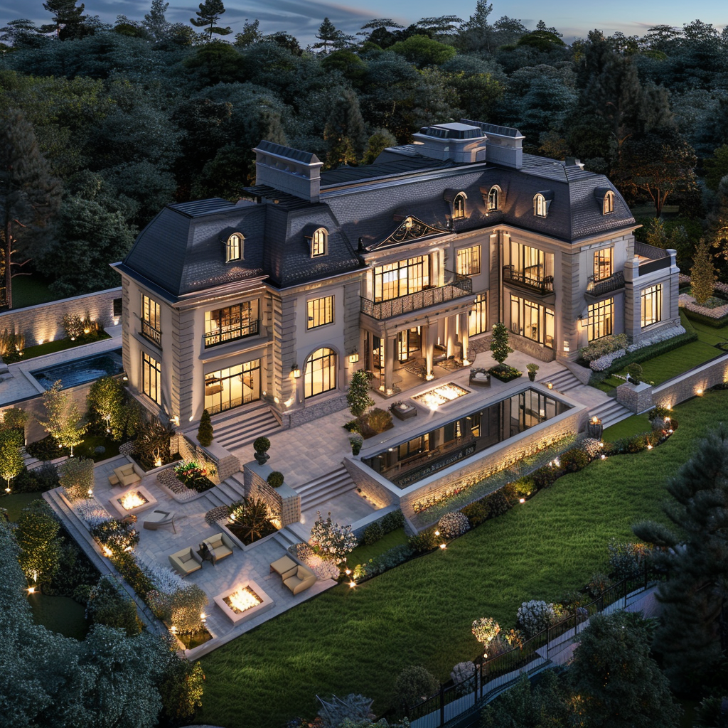 Aerial view of a luxury mansion in a flower gallery, with a wide angle shot and the lights on, surrounded by a lawn and trees. The mansion has a pool with a fire pit, white stone walls, and high end interior design. It has a black roof and grey shingle cladding. The view was taken with evening light and used high resolution photography to create hyper realistic imagery in a cinematic style with professional color grading.