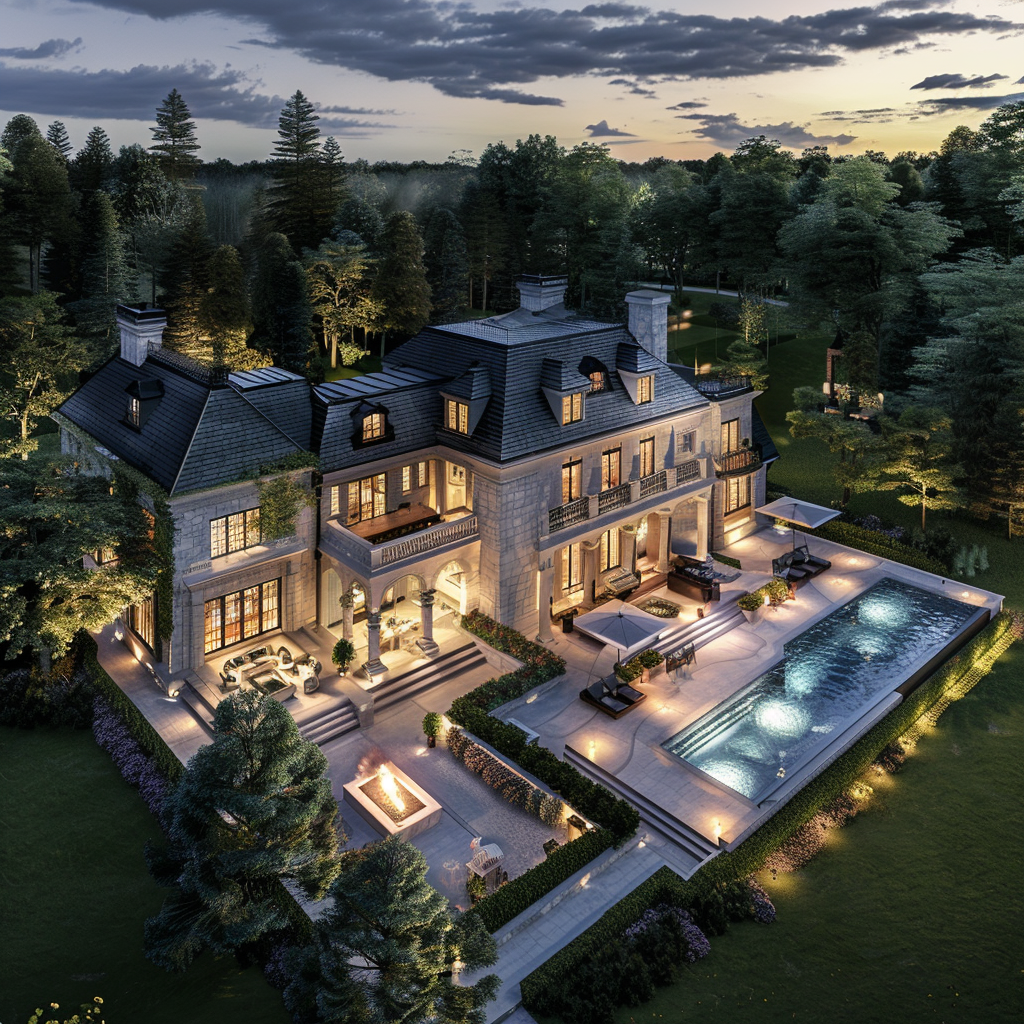 Aerial view of a luxury mansion in a flower gallery, with a wide angle shot and the lights on, surrounded by a lawn and trees. The mansion has a pool with a fire pit, white stone walls, and high end interior design. It has a black roof and grey shingle cladding. The view was taken with evening light and used high resolution photography to create hyper realistic imagery in a cinematic style with professional color grading.