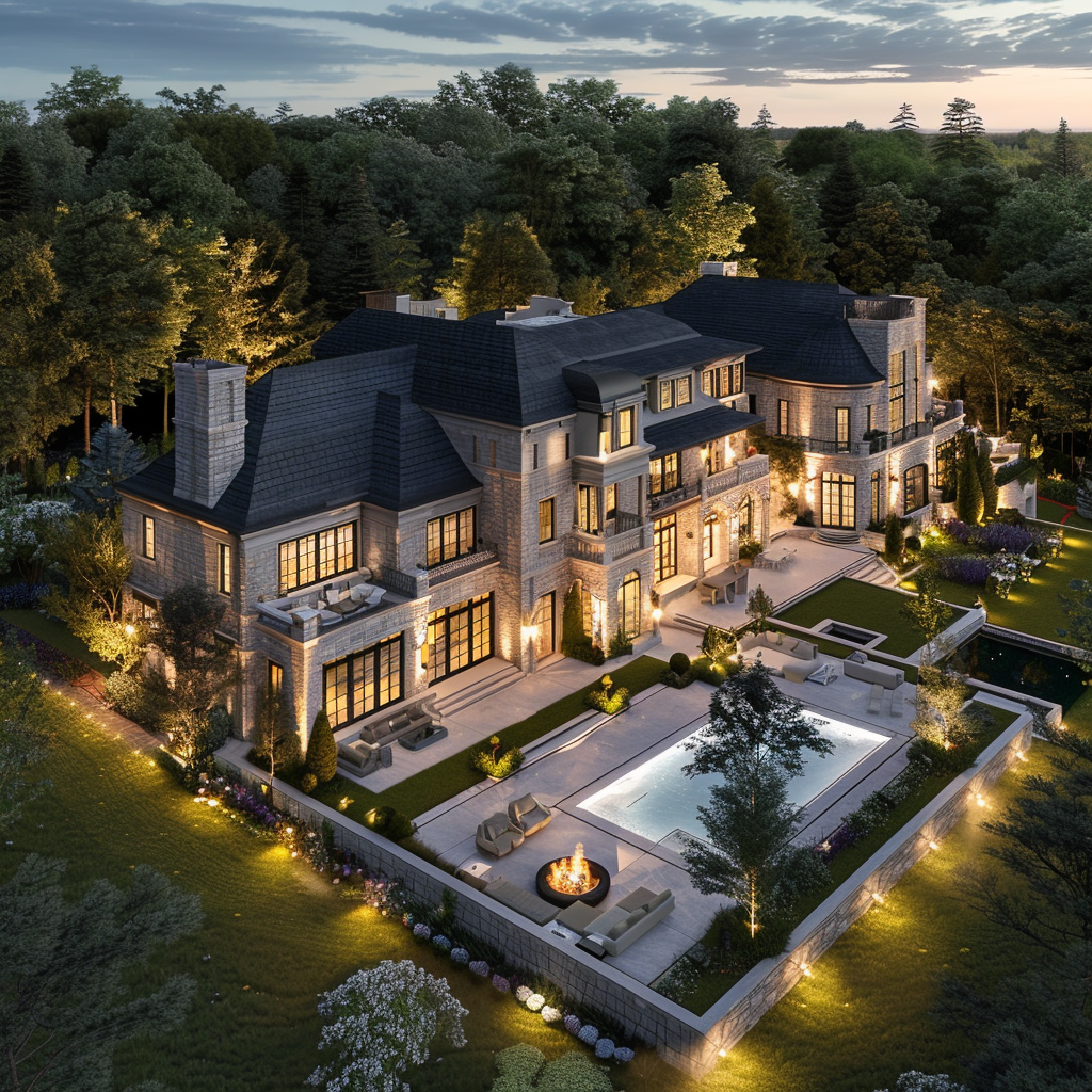 Aerial view of a luxury mansion in a flower gallery, with a wide angle shot and the lights on, surrounded by a lawn and trees. The mansion has a pool with a fire pit, white stone walls, and high end interior design. It has a black roof and grey shingle cladding. The view was taken with evening light and used high resolution photography to create hyper realistic imagery in a cinematic style with professional color grading.