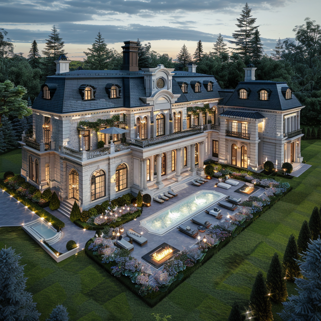 Aerial view of a luxury mansion in a flower gallery, with a wide angle shot and the lights on, surrounded by a lawn and trees. The mansion has a pool with a fire pit, white stone walls, and high end interior design. It has a black roof and grey shingle cladding. The view was taken with evening light and used high resolution photography to create hyper realistic imagery in a cinematic style with professional color grading.