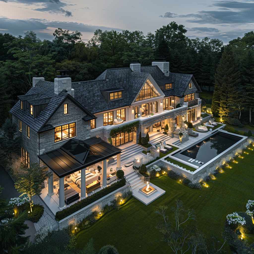 Aerial view of a luxury mansion in a flower gallery, with a wide angle shot and the lights on, surrounded by a lawn and trees. The mansion has a pool with a fire pit, white stone walls, and high end interior design. It has a black roof and grey shingle cladding. The view was taken with evening light and used high resolution photography to create hyper realistic imagery in a cinematic style with professional color grading.