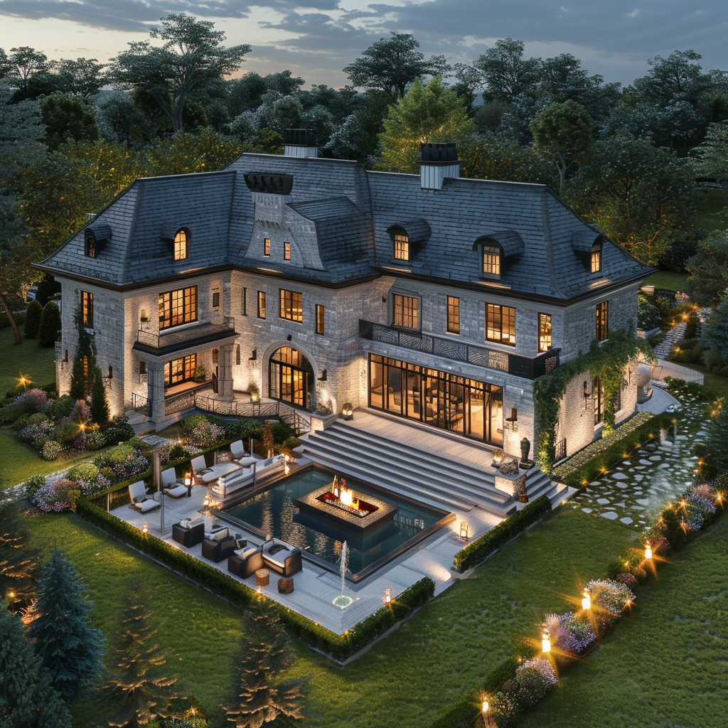 Aerial view of a luxury mansion in a flower gallery, with a wide angle shot and the lights on, surrounded by a lawn and trees. The mansion has a pool with a fire pit, white stone walls, and high end interior design. It has a black roof and grey shingle cladding. The view was taken with evening light and used high resolution photography to create hyper realistic imagery in a cinematic style with professional color grading.