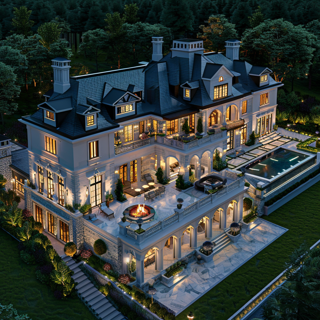 Aerial view of a luxury mansion in a flower gallery, with a wide angle shot and the lights on, surrounded by a lawn and trees. The mansion has a pool with a fire pit, white stone walls, and high end interior design. It has a black roof and grey shingle cladding. The view was taken with evening light and used high resolution photography to create hyper realistic imagery in a cinematic style with professional color grading.