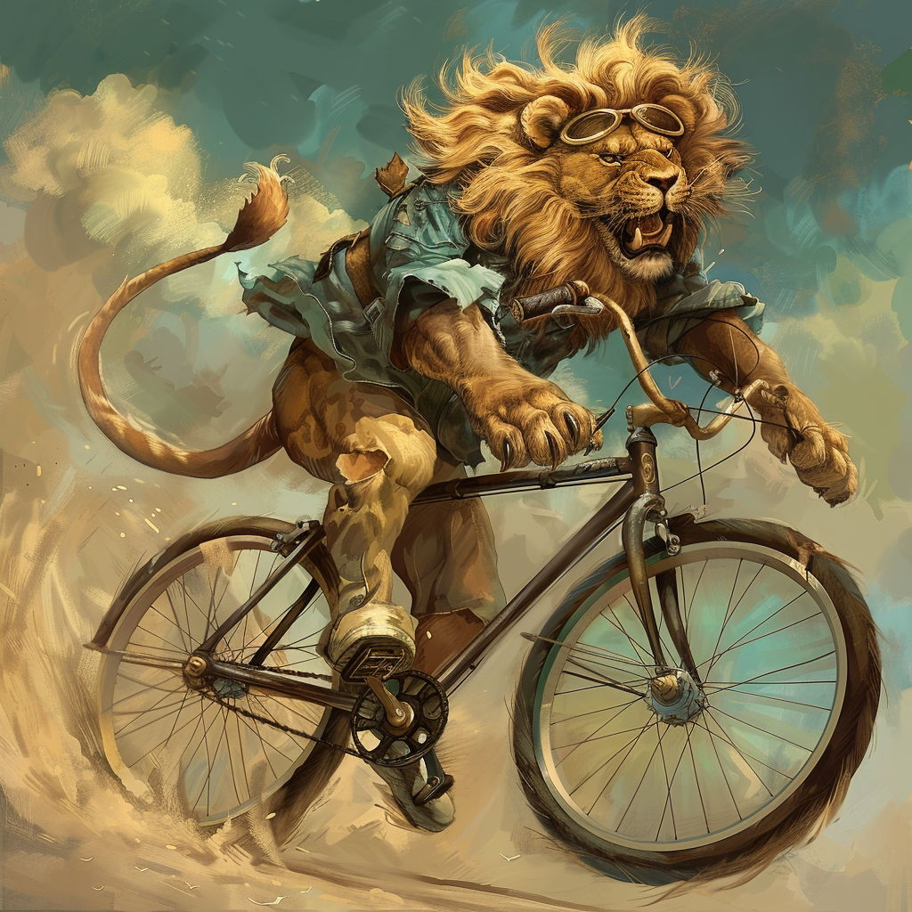 a lion ridding a bike