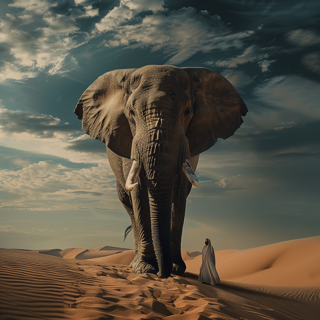 an elephant in the desert, realistic photoshoot