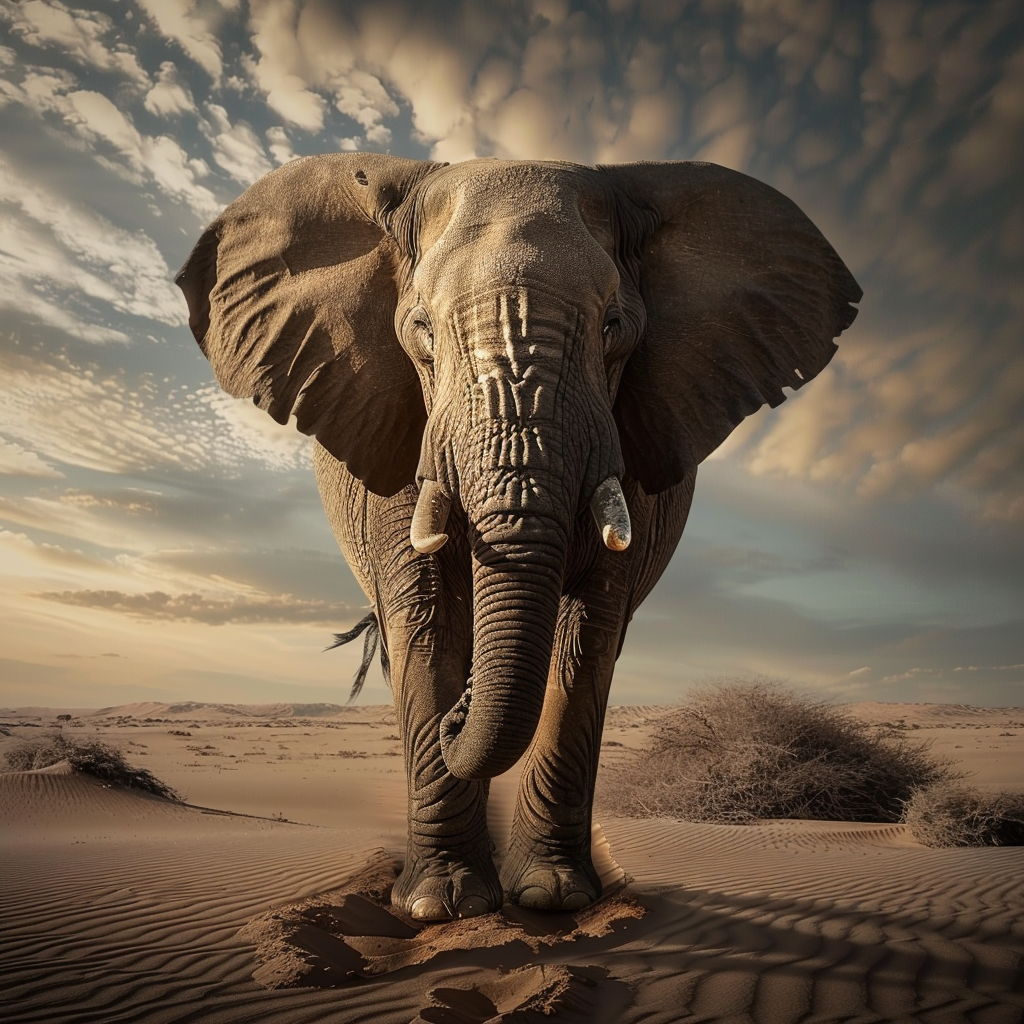 an elephant in the desert, realistic photoshoot