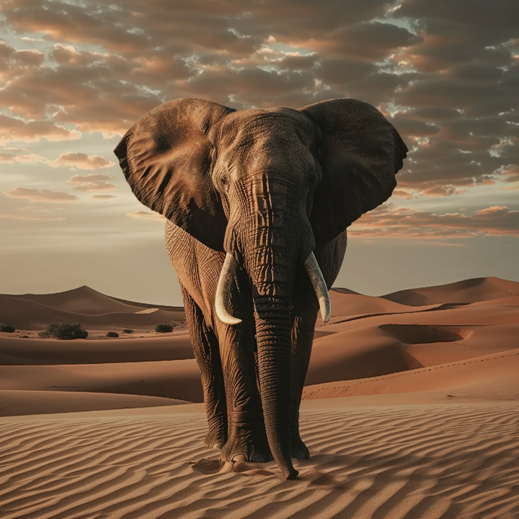 an elephant in the desert, realistic photoshoot