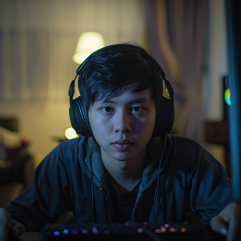 a portrait of a 28 years old asian boy streaming some video game on twitch ,Sony α7 III camera with a 85mm lens at F 1.2 aperture setting to blur the background and isolate the subject. The image should be shot in high resolution and in a 1:1 aspect ratio with photorealism mode on to create an ultra-realistic image that captures the subject’s natural beauty and personality