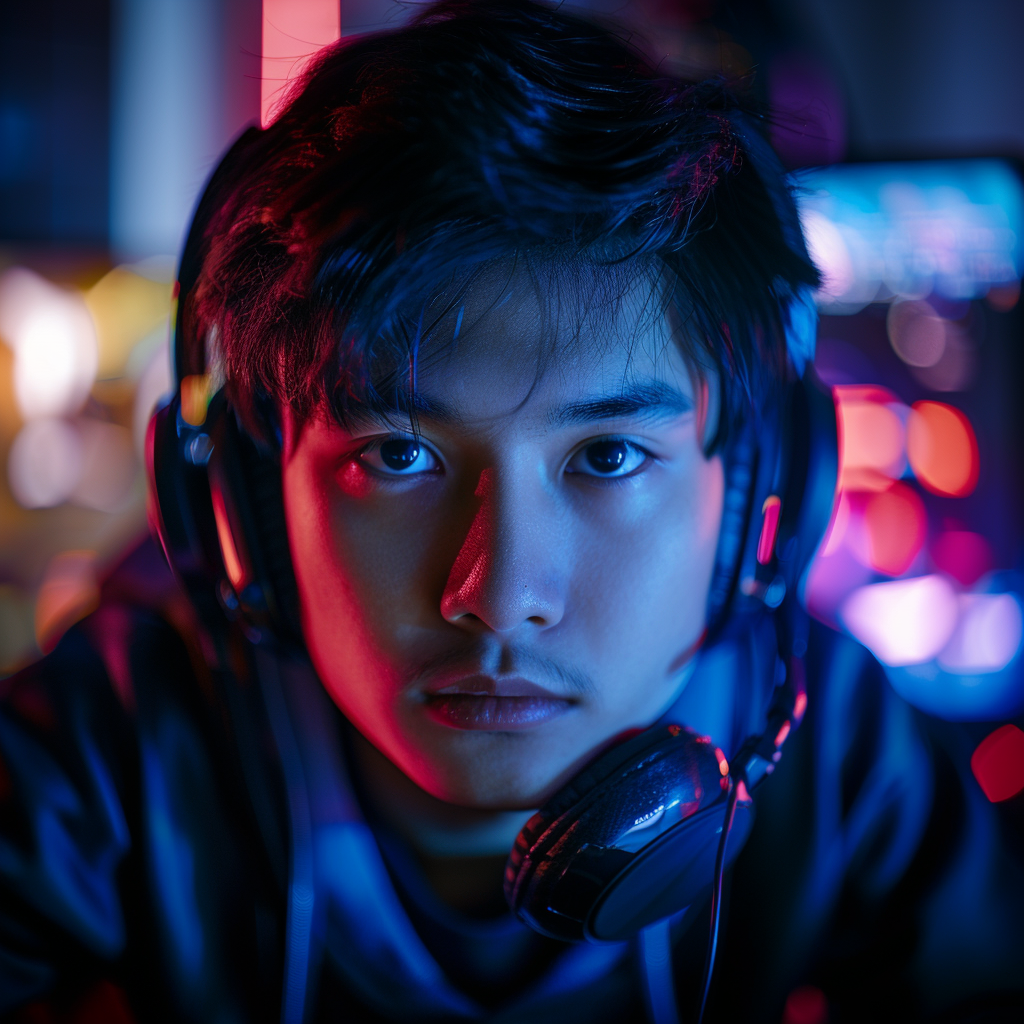 a portrait of a 28 years old asian boy streaming some video game on twitch ,Sony α7 III camera with a 85mm lens at F 1.2 aperture setting to blur the background and isolate the subject. The image should be shot in high resolution and in a 1:1 aspect ratio with photorealism mode on to create an ultra-realistic image that captures the subject’s natural beauty and personality