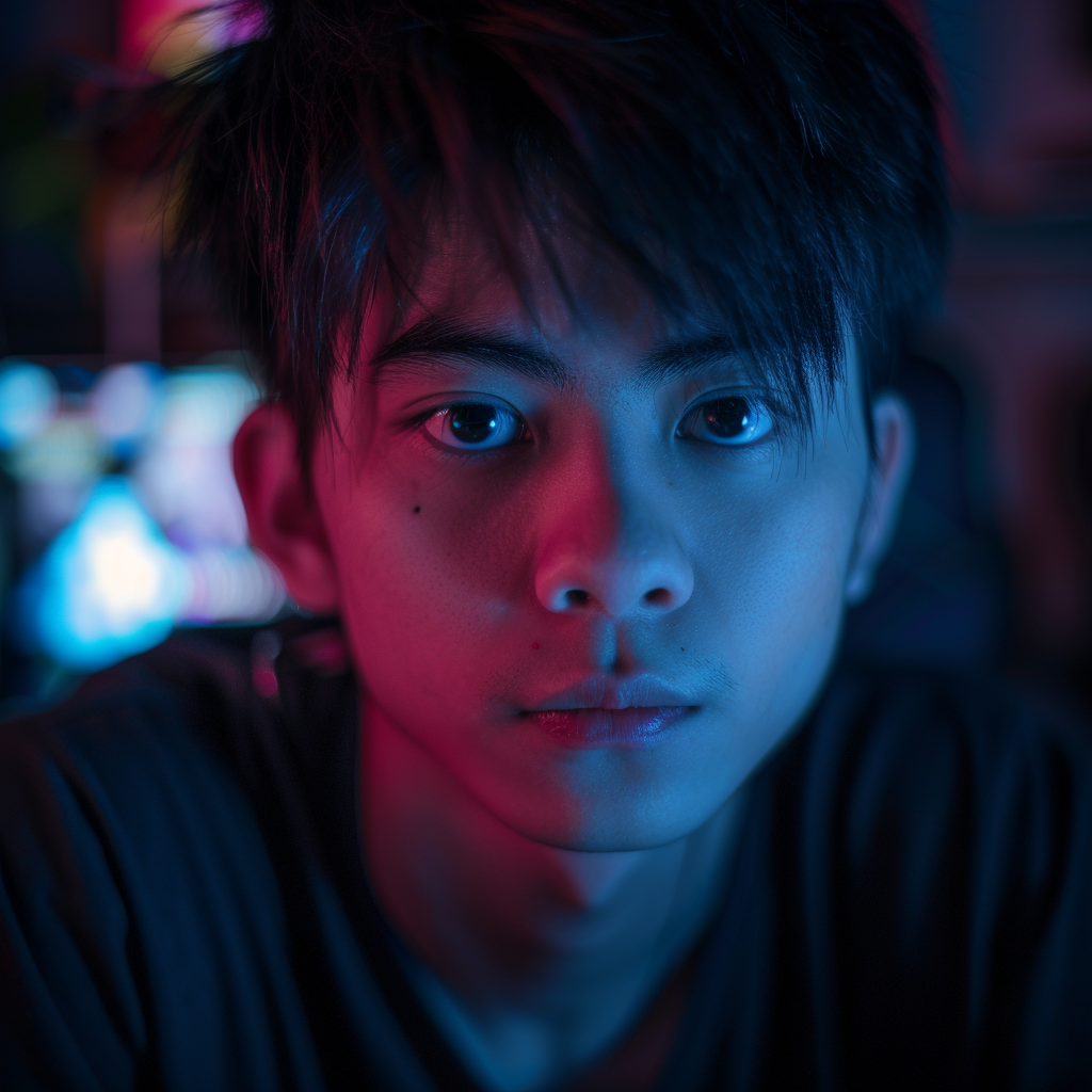 a portrait of a 28 years old asian boy streaming some video game on twitch ,Sony α7 III camera with a 85mm lens at F 1.2 aperture setting to blur the background and isolate the subject. The image should be shot in high resolution and in a 1:1 aspect ratio with photorealism mode on to create an ultra-realistic image that captures the subject’s natural beauty and personality