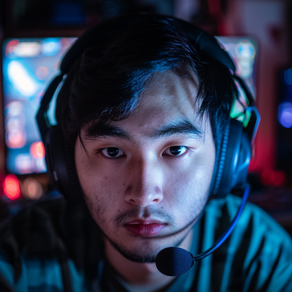 a portrait of a 28 years old asian boy streaming some video game on twitch ,Sony α7 III camera with a 85mm lens at F 1.2 aperture setting to blur the background and isolate the subject. The image should be shot in high resolution and in a 1:1 aspect ratio with photorealism mode on to create an ultra-realistic image that captures the subject’s natural beauty and personality