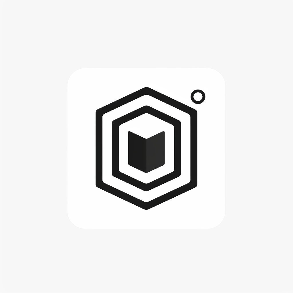 logo, minimalistic style logo of cube with white background and black symbol for company name 'iDorf', icon in the shape of an octagon that represents an augmented reality app on mobile phone, small circle inside big square, simple design