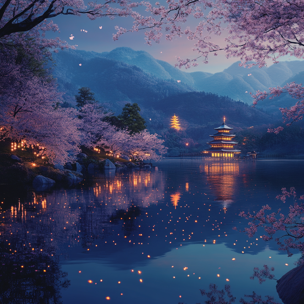 A serene mountain lake at twilight, surrounded by cherry blossom trees in full bloom, with fireflies dancing over the water's surface and a traditional Japanese pagoda reflected in the distance