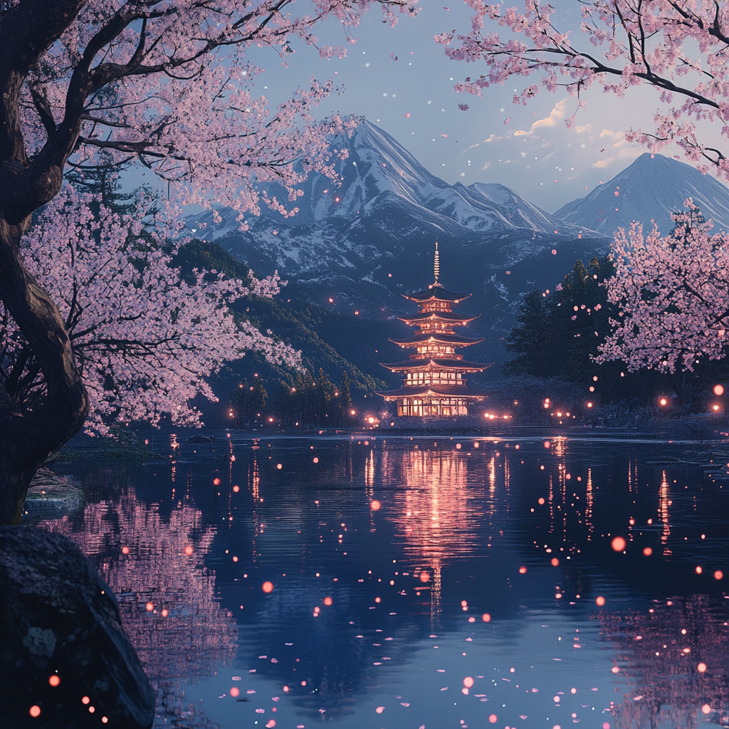 A serene mountain lake at twilight, surrounded by cherry blossom trees in full bloom, with fireflies dancing over the water's surface and a traditional Japanese pagoda reflected in the distance