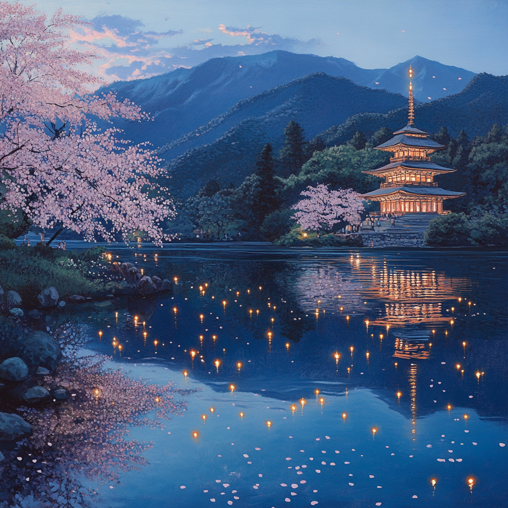 A serene mountain lake at twilight, surrounded by cherry blossom trees in full bloom, with fireflies dancing over the water's surface and a traditional Japanese pagoda reflected in the distance