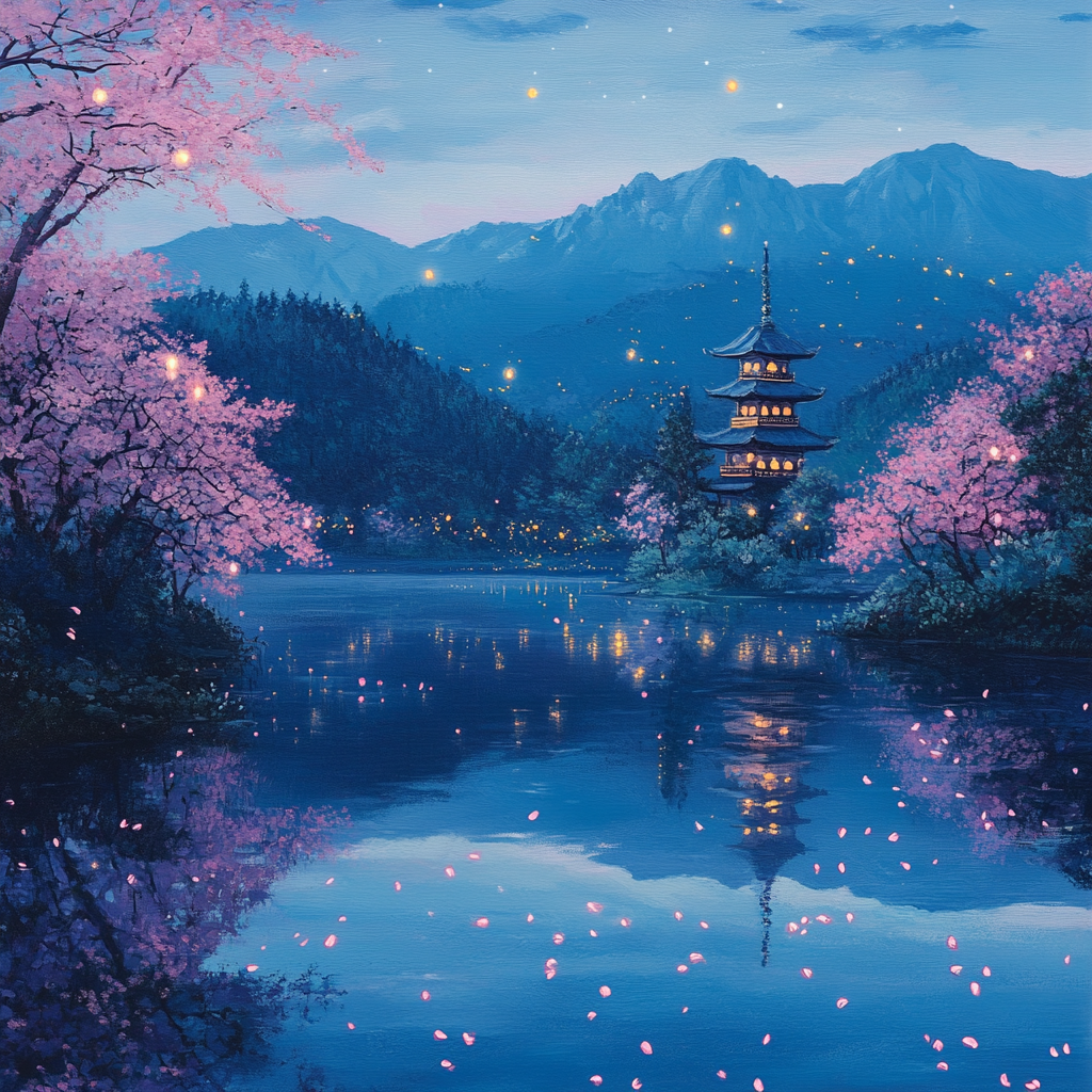 A serene mountain lake at twilight, surrounded by cherry blossom trees in full bloom, with fireflies dancing over the water's surface and a traditional Japanese pagoda reflected in the distance