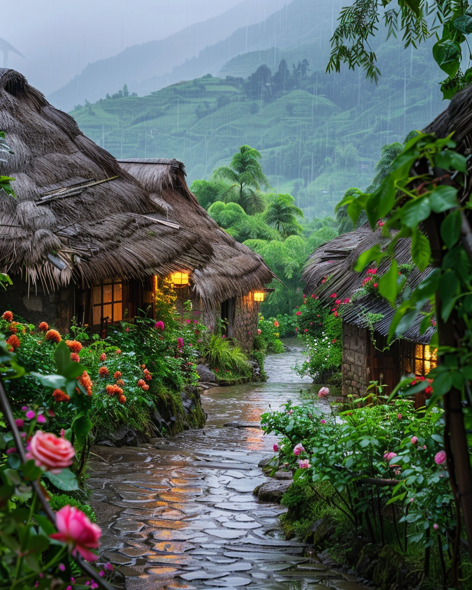 A thatched cottage village in the mountains, surrounded by green plants and blooming roses on both sides of the stone road leading to it. The huts have warm lights inside them, creating an atmosphere full of warmth and tranquility. On rainy days, raindrops fall from above, adding splendor to this picturesque scene. This photo was taken with a Nikon camera and has high resolution. It is a masterpiece of photography in the style of photography.
