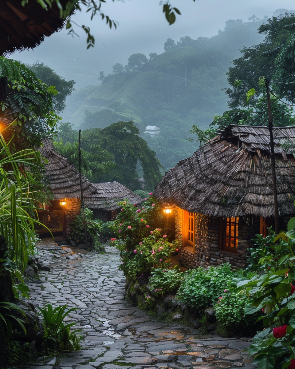 A thatched cottage village in the mountains, surrounded by green plants and blooming roses on both sides of the stone road leading to it. The huts have warm lights inside them, creating an atmosphere full of warmth and tranquility. On rainy days, raindrops fall from above, adding splendor to this picturesque scene. This photo was taken with a Nikon camera and has high resolution. It is a masterpiece of photography in the style of photography.