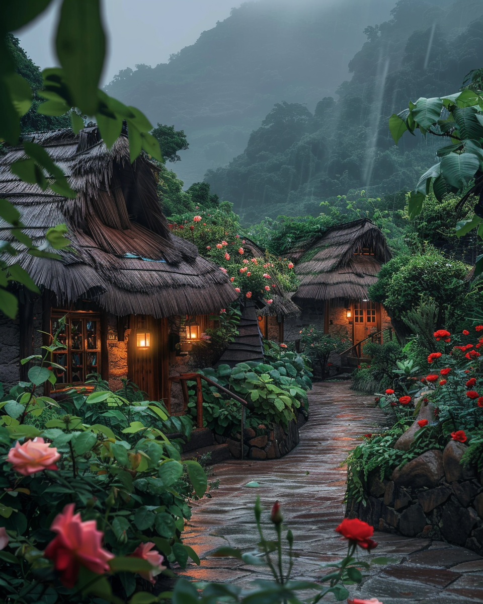 A thatched cottage village in the mountains, surrounded by green plants and blooming roses on both sides of the stone road leading to it. The huts have warm lights inside them, creating an atmosphere full of warmth and tranquility. On rainy days, raindrops fall from above, adding splendor to this picturesque scene. This photo was taken with a Nikon camera and has high resolution. It is a masterpiece of photography in the style of photography.