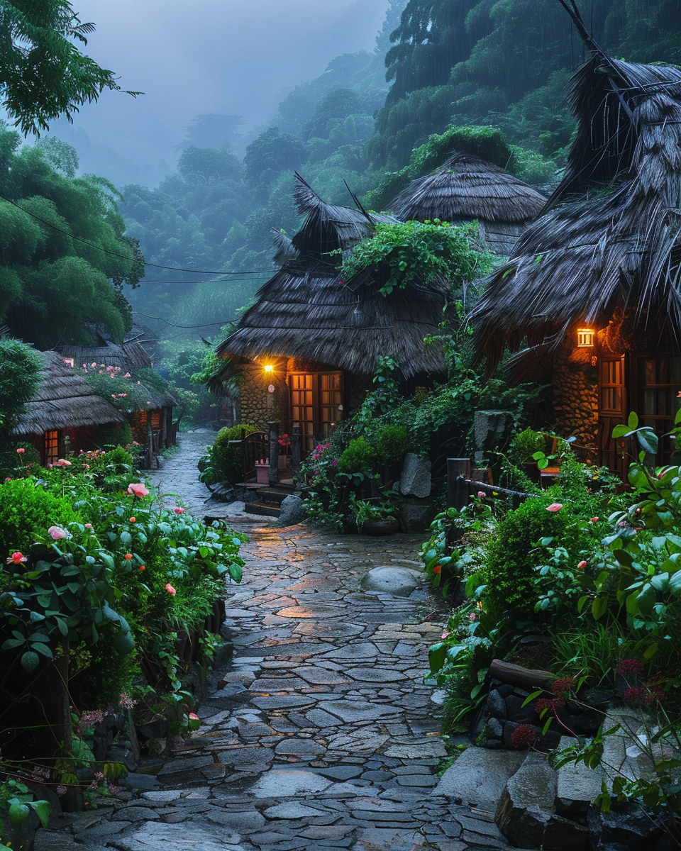 A thatched cottage village in the mountains, surrounded by green plants and blooming roses on both sides of the stone road leading to it. The huts have warm lights inside them, creating an atmosphere full of warmth and tranquility. On rainy days, raindrops fall from above, adding splendor to this picturesque scene. This photo was taken with a Nikon camera and has high resolution. It is a masterpiece of photography in the style of photography.