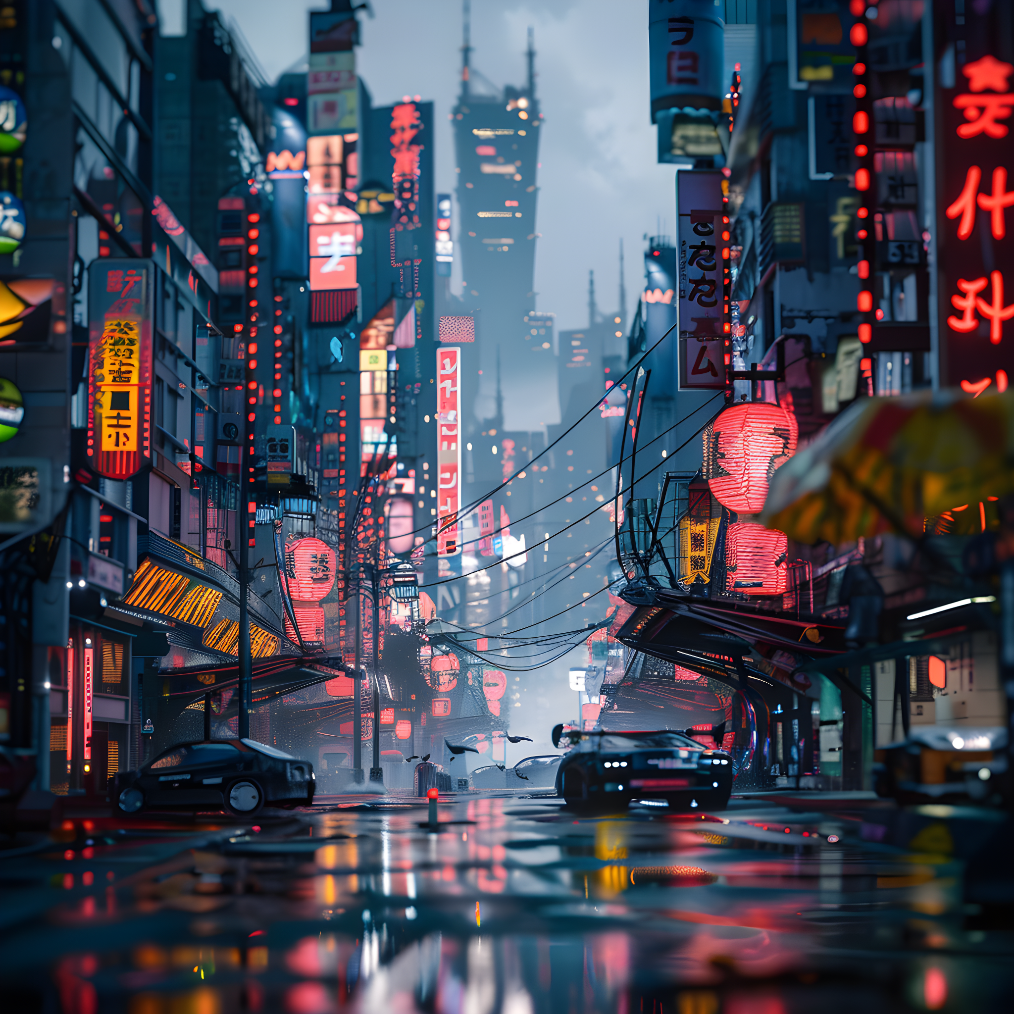 a landscape of picture of a cyberpunk style city  ,Sony α7 III camera with a 85mm lens at F 1.2 aperture setting to blur the background and isolate the subject. The image should be shot in high resolution and in a 1:1 aspect ratio with photorealism mode on to create an ultra-realistic image that captures the landscape's natural beauty and personality