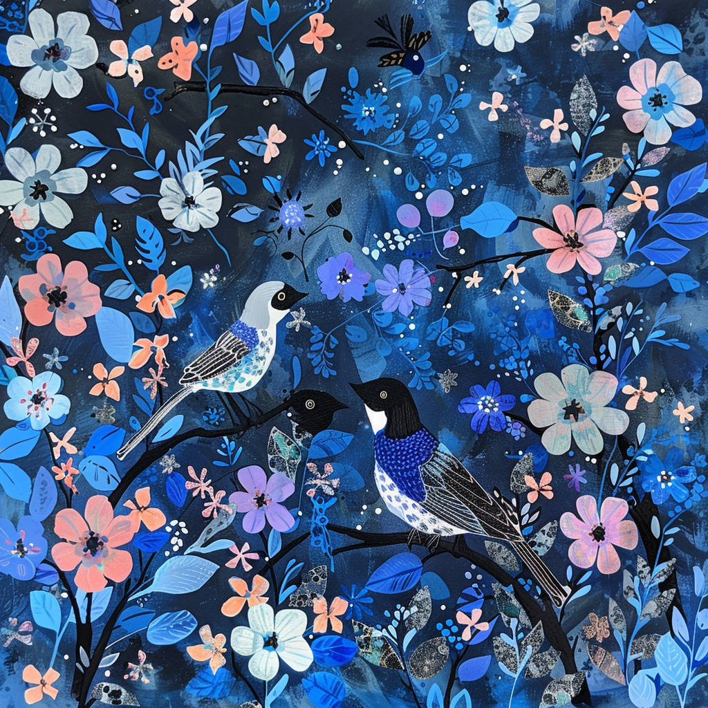 a lovely blue and black day with flowers and birds