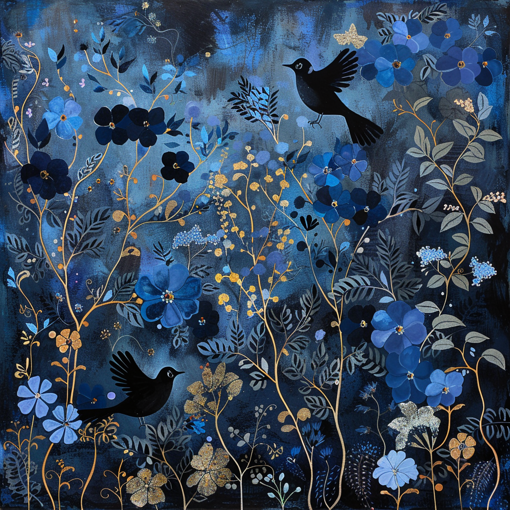 a lovely blue and black day with flowers and birds