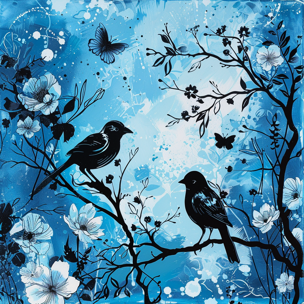 a lovely blue and black day with flowers and birds