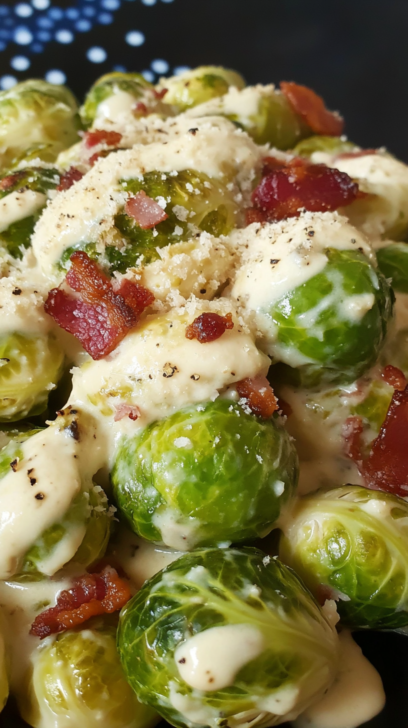 Creamy Garlic Parmesan Brussels Sprouts with Bacon