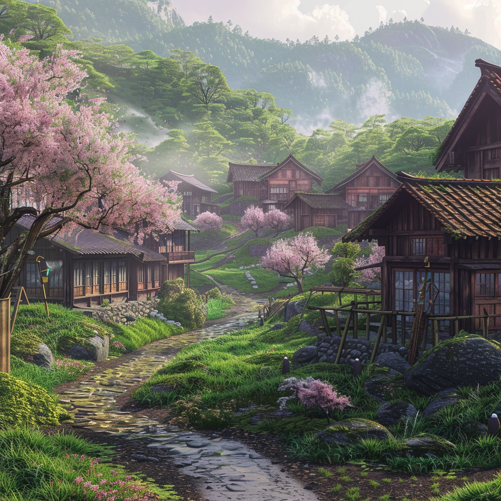 A traditional Japanese village nestled in rolling hills. Lush green rice paddies surround wooden houses with tiled roofs. Cherry blossoms bloom along a narrow stone path with a small stream and bridge. Peaceful, serene atmosphere, realistic with soft lighting.