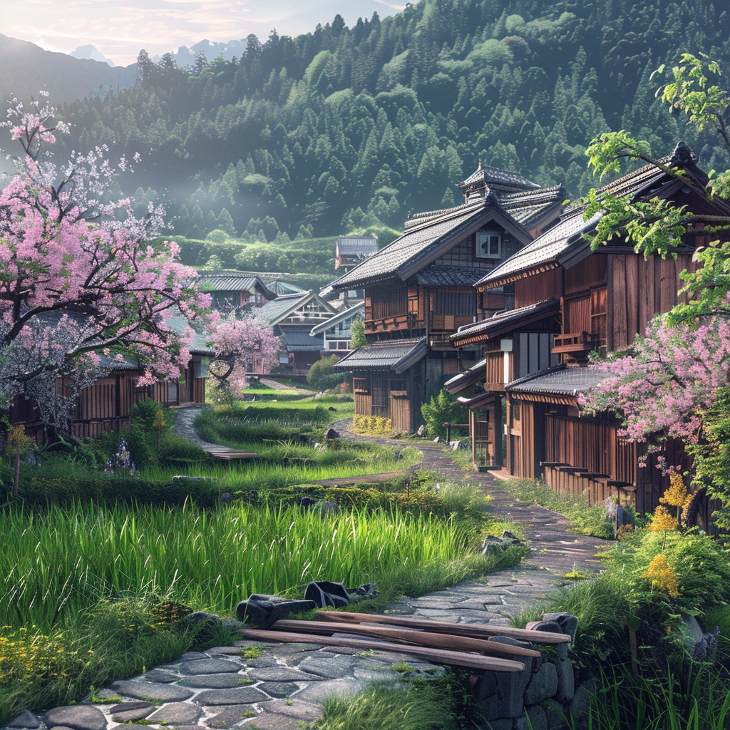 A traditional Japanese village nestled in rolling hills. Lush green rice paddies surround wooden houses with tiled roofs. Cherry blossoms bloom along a narrow stone path with a small stream and bridge. Peaceful, serene atmosphere, realistic with soft lighting.