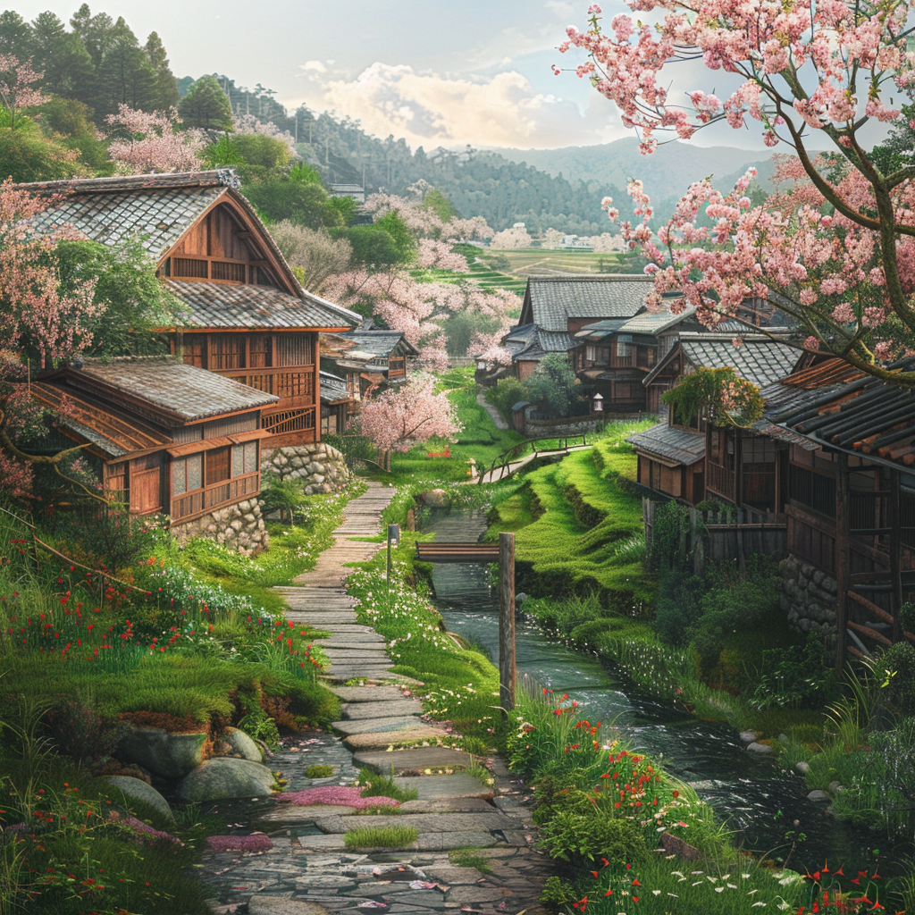 A traditional Japanese village nestled in rolling hills. Lush green rice paddies surround wooden houses with tiled roofs. Cherry blossoms bloom along a narrow stone path with a small stream and bridge. Peaceful, serene atmosphere, realistic with soft lighting.