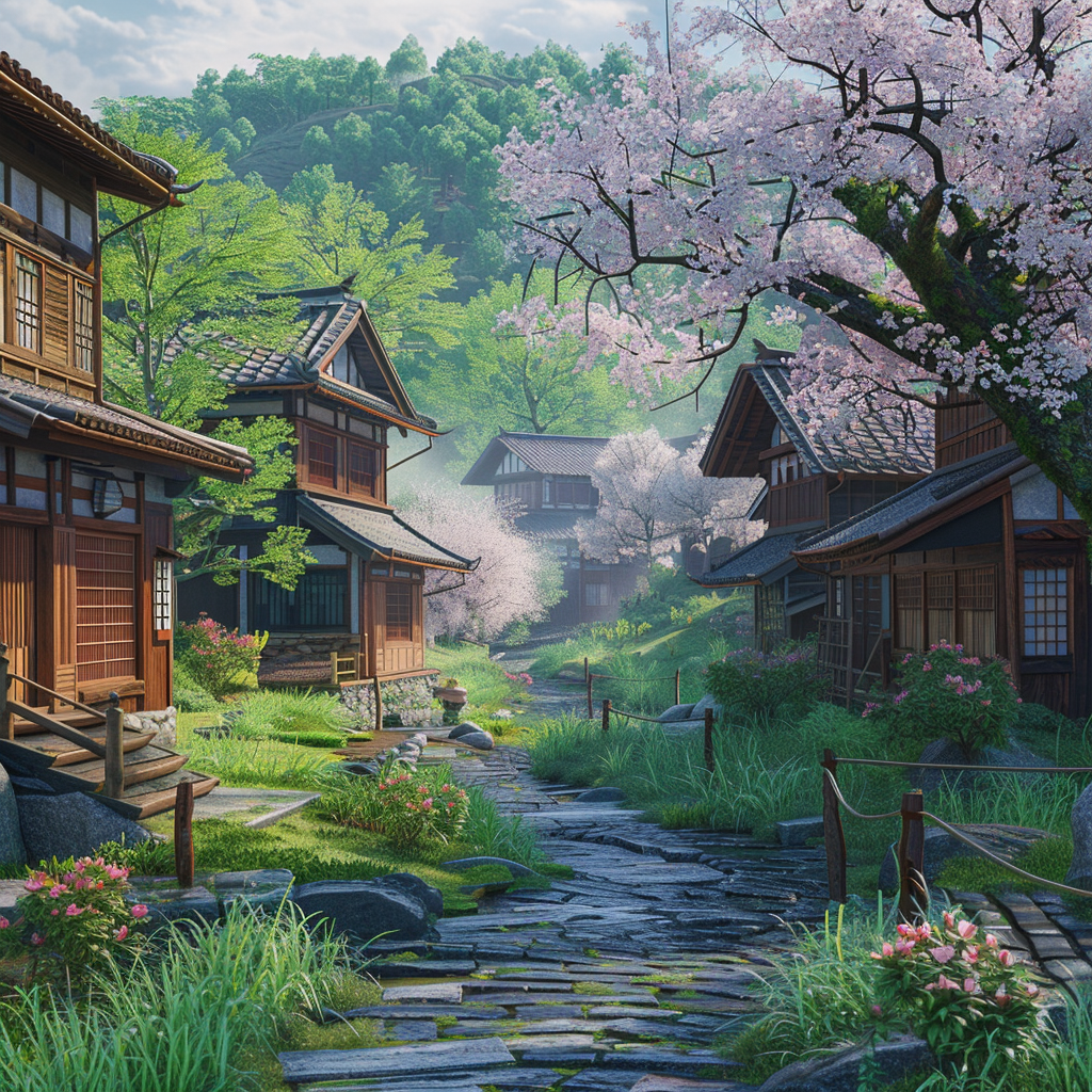 A traditional Japanese village nestled in rolling hills. Lush green rice paddies surround wooden houses with tiled roofs. Cherry blossoms bloom along a narrow stone path with a small stream and bridge. Peaceful, serene atmosphere, realistic with soft lighting.