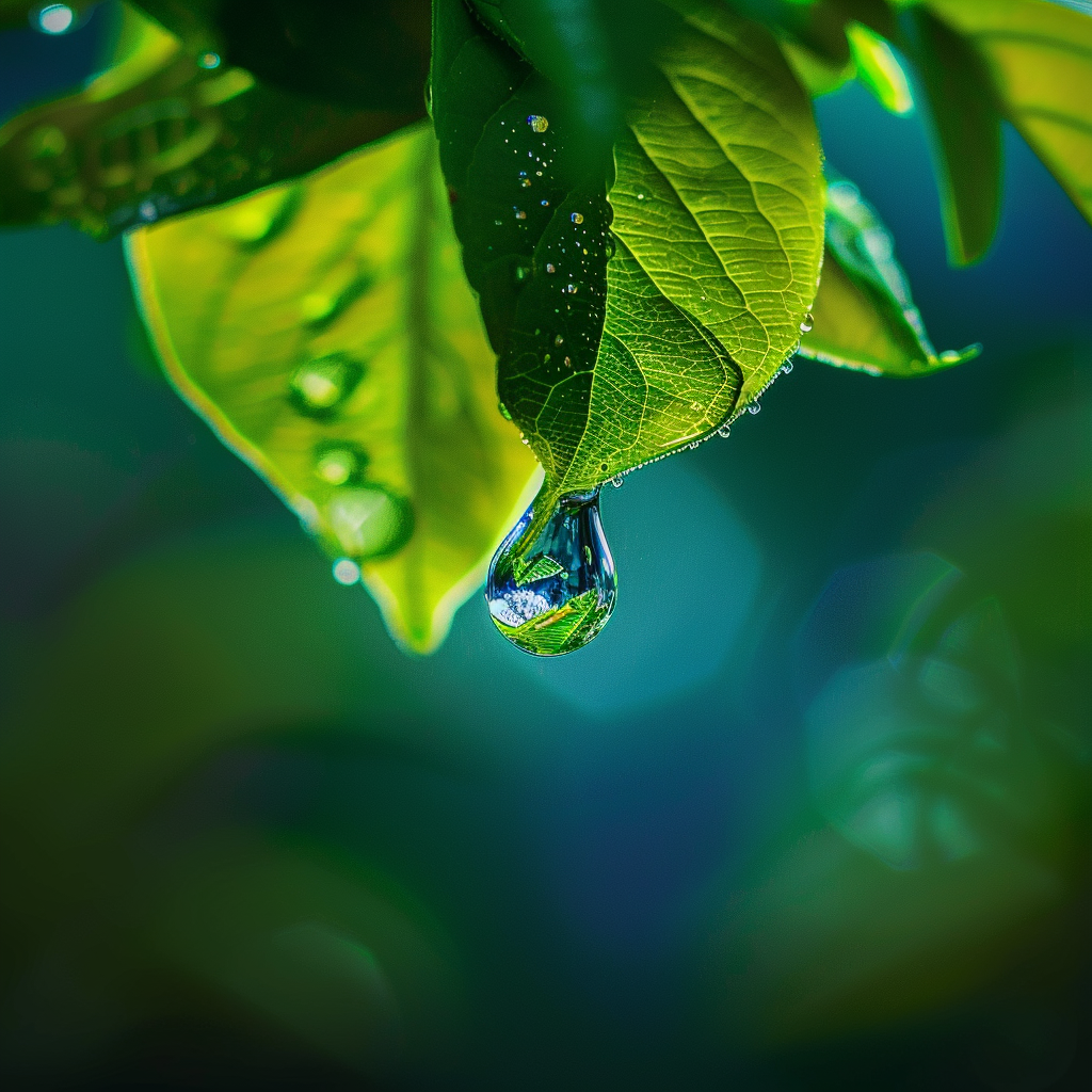 A close-up shot of a raindrop about to fall from a leaf, with a focus on reflection and the vibrant greenery around it, creating a fresh and pure atmosphere.