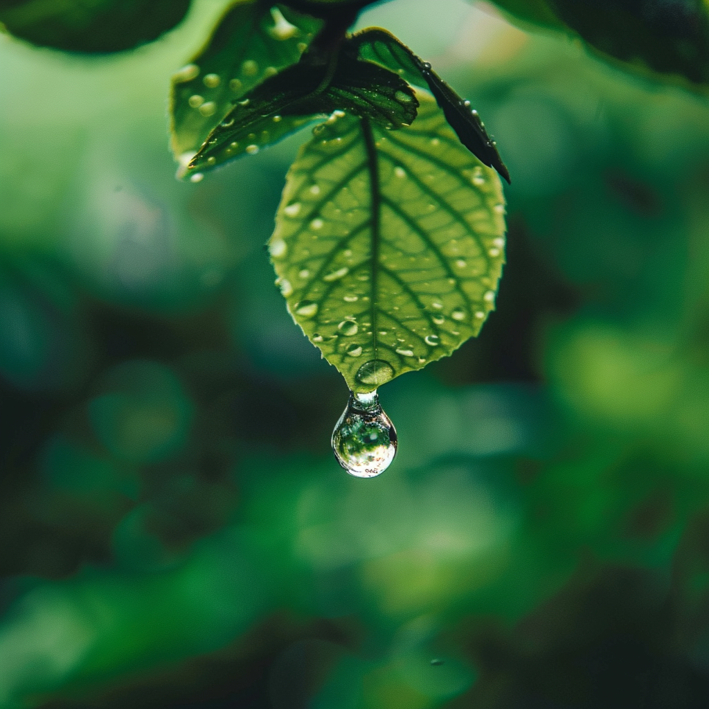 A close-up shot of a raindrop about to fall from a leaf, with a focus on reflection and the vibrant greenery around it, creating a fresh and pure atmosphere.