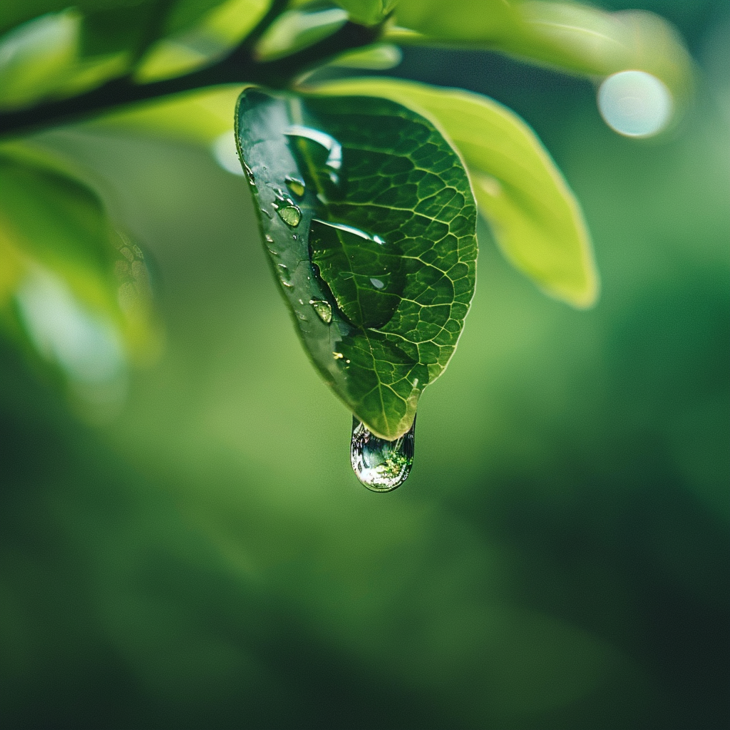 A close-up shot of a raindrop about to fall from a leaf, with a focus on reflection and the vibrant greenery around it, creating a fresh and pure atmosphere.