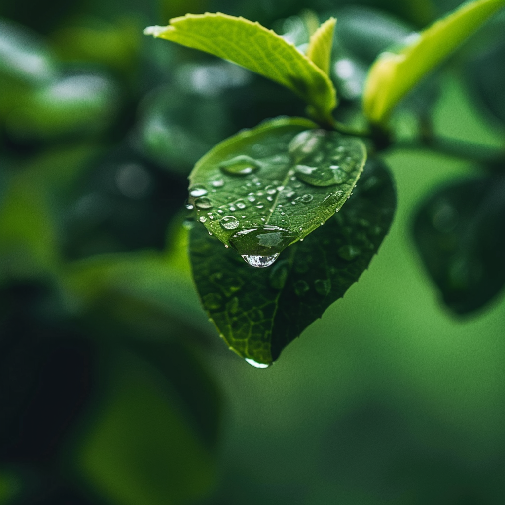 A close-up shot of a raindrop about to fall from a leaf, with a focus on reflection and the vibrant greenery around it, creating a fresh and pure atmosphere.