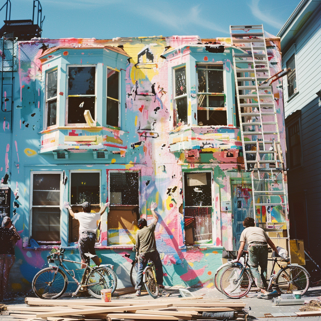 a group of people painting a house there is paint everywhere, they have bikes too