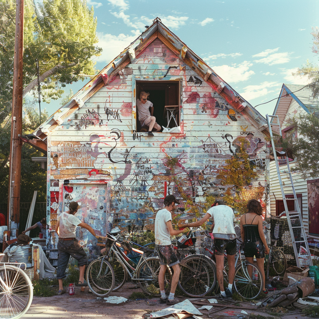 a group of people painting a house there is paint everywhere, they have bikes too